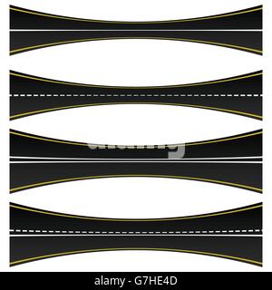 Set of 4 road, highway, roadway shapes. Dashed and straight lines isolating lanes. Empty roads. Stock Vector