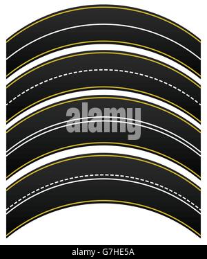 Set of 4 road, highway, roadway shapes. Dashed and straight lines isolating lanes. Empty roads. Stock Vector