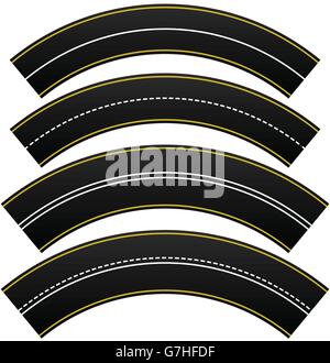 Set of 4 road, highway, roadway shapes. Dashed and straight lines isolating lanes. Empty roads. Stock Vector