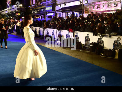 Felicity Jones attending the UK Premiere of The Theory of Everything at the Odeon Leicester Square, London. PRESS ASSOCIATION Photo. Picture date: Tuesday December 9, 2014. Photo credit should read: Ian West/PA Wire Stock Photo