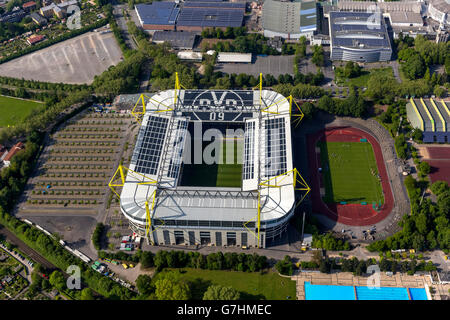Aerial view, Signal Iduna Park, Westfalenstadion with new office Fanshop under construction, solar panels on the stadium roof,