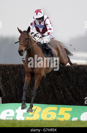 Quick Decisson ridden by jockey Michael Nolan jumps the last during the Bet365 Conditional Jockeys' Handicap Chase during day 2 of the bet365 Hennessy Festival at Newbury Racecourse, Berkshire Stock Photo