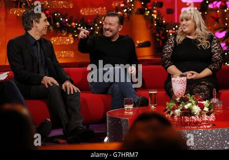 Ben Stiller (left), Ricky Gervais, and Rebel Wilson during filming of the Graham Norton Show at the London Studios, in London. Stock Photo