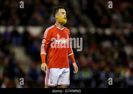 Nottingham Forest's Danny Fox with his beard dyed orange in order to raise awareness of the disease Cystic Fibrosis during the Sky Bet Championship match at the City Ground, Nottingham. Stock Photo