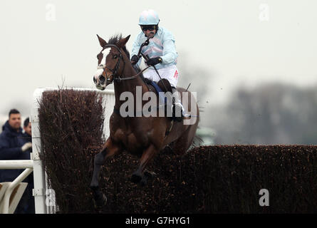 Stellar Notion ridden by Paddy Brennan jumps the last on their way to victory in the William Hill - Download The App Novices&acute; Limited Handicap Chase on day one of the William Hill Winter Festival at Kempton Park Racecourse, Sunbury on Thames. Stock Photo