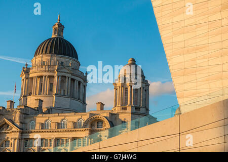 Port of Liverpool Building and the Museum of Liverpool Building in evening light. Stock Photo