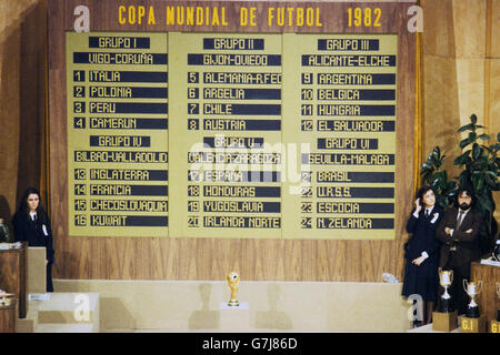 The final groups for the 1982 World Cup in Spain after the initial draw had to be re-done after it was found that none of the miniature footballs housing the name slips had slips for either Chile or Peru. Scotland were also placed in the wrong group and one of the cages containing the balls jammed. Stock Photo