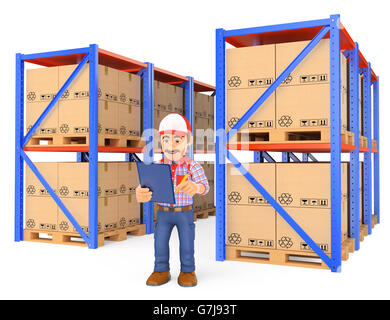 3d working people illustration. Storekeeper checking pallets in the warehouse. Isolated white background Stock Photo