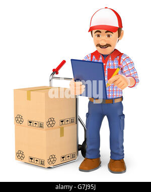 3d working people illustration. Courier delivery man checking the packages to deliver. Isolated white background. Stock Photo