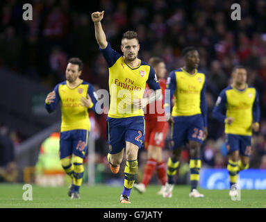 Arsenal's Mathieu Debuchy (centre) celebrates scoring his sides first ...