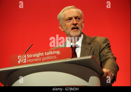 Jeremy Corbyn MP, newly elected leader of the labour party, delivering his first 'Leader's Speech to Conference'. Stock Photo