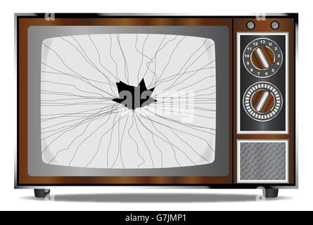 An old wood surround television receiver with a broken screen over a white background Stock Vector