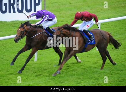 Sir Isaac Newton ridden by Ryan Moore (left) wins the Finlay Volvo International Stakes during day three of the Dubai Duty Free Irish Derby Festival at Curragh Racecourse, Co. Kildare, Ireland. Stock Photo