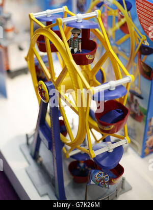 A light-up Ferris Wheel by Playmobil, part of the company's brand-new Amusement Park range, on display during the press preview for Toy Fair 2015, at Olympia in London. Stock Photo