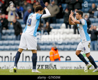 Soccer - FA Cup - Fourth Round - Blackburn Rovers v Swansea City - Ewood Park. Blackburn's Rudy Gestede, left and Blackburn's Jason Lowe celebrate during the FA Cup Fourth Round match at Ewood Park, Blackburn. Stock Photo