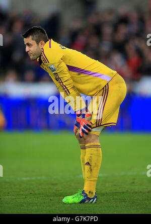 Swansea City goalkeeper Lukasz Fabianski looks dejected during the Barclays Premier League match at the Liberty Stadium, Swansea. Stock Photo