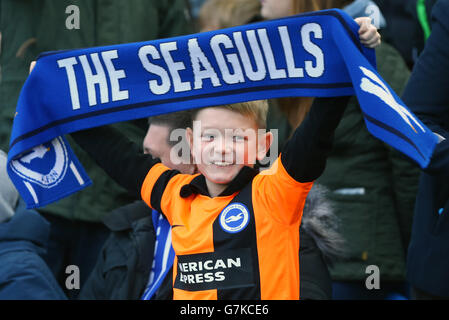 A young Brighton & Hove Albion fan in the stands show his support, during the FA Cup Fourth Round match at the AMEX Stadium, Brighton. Stock Photo