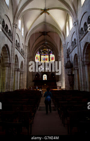 Basel's landmark Cathedral was rebuilt in mostly Gothic style following a destructive earthquake in 1356. Stock Photo