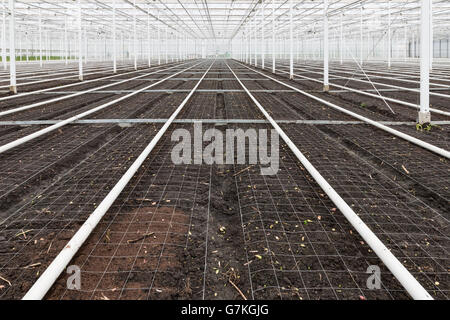 Empty greenhouse with soil prepared for cultivation of new plants Stock Photo