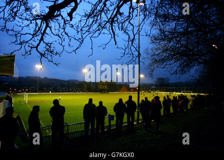 TNS play Welshpool Town in the Welsh Premier League at The Recreation Ground, Treflan, Llansantffraid, Wales. TNS are Twinned with Chelsea and have merged with Oswestry Town Stock Photo