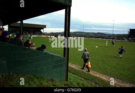 TNS play Welshpool Town in the Welsh Premier League at The Recreation Ground, Treflan, Llansantffraid, Wales. TNS are Twinned with Chelsea and have merged with Oswestry Town Stock Photo