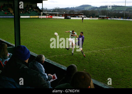 TNS play Welshpool Town in the Welsh Premier League at The Recreation Ground, Treflan, Llansantffraid, Wales. TNS are Twinned with Chelsea and have merged with Oswestry Town Stock Photo