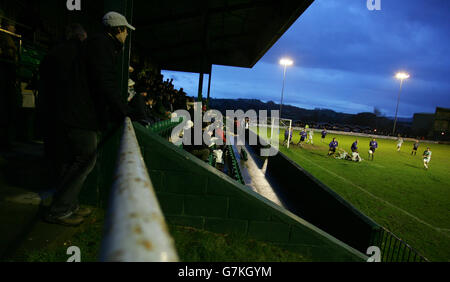 TNS play Welshpool Town in the Welsh Premier League at The Recreation Ground, Treflan, Llansantffraid, Wales. TNS are Twinned with Chelsea and have merged with Oswestry Town Stock Photo