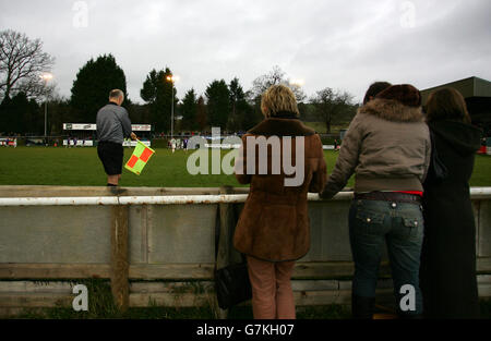 TNS play Welshpool Town in the Welsh Premier League at The Recreation Ground, Treflan, Llansantffraid, Wales. TNS are Twinned with Chelsea and have merged with Oswestry Town Stock Photo