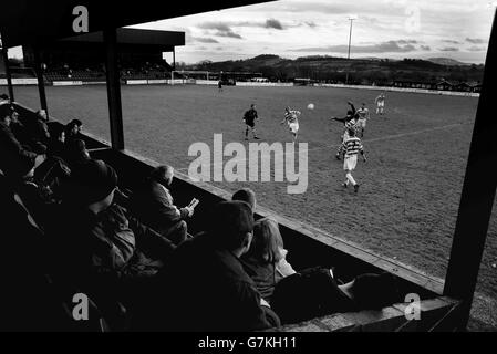 TNS play Welshpool Town in the Welsh Premier League at The Recreation Ground, Treflan, Llansantffraid, Wales. TNS are Twinned with Chelsea and have merged with Oswestry Town Stock Photo