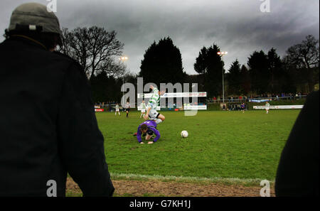 TNS play Welshpool Town in the Welsh Premier League at The Recreation Ground, Treflan, Llansantffraid, Wales. TNS are Twinned with Chelsea and have merged with Oswestry Town Stock Photo