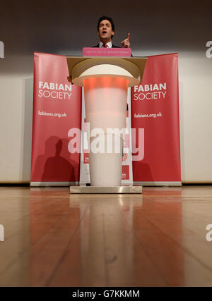 Labour leader Ed Miliband delivers the keynote speech to the Fabian Society at its one day conference held at the Institute of Education, London. Stock Photo