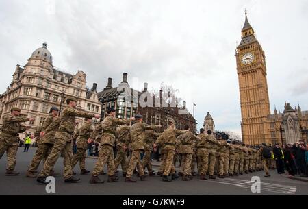 Troops march to the Houses of Parliament, in Westminster, London, on the final march-in to Parliament for Operation Herrick. Stock Photo