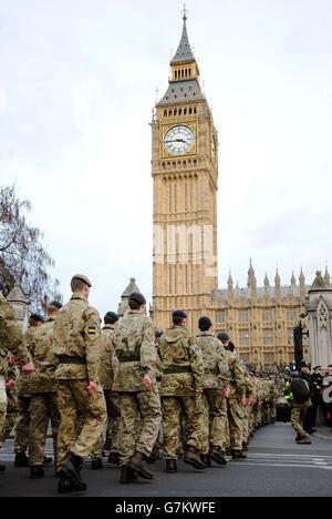 Troops march to the Houses of Parliament, in Westminster, London, on the final march-in to Parliament for Operation Herrick. Stock Photo