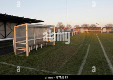 Soccer - Northern League Division One - Ashington AFC v Bishop Auckland - Woodhorn Lane. The Managers Dug out at the Ebac Northern League, Division One match at Ashington Community Football Club, Northumberland. Stock Photo