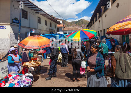 Colourful street scene at the San Pedro market in Cusco, Peru Stock Photo