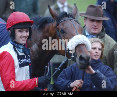 Le Duc with jockey Ruby Walsh (left) and trainer Paul Nicholls (uppper-right). Stock Photo