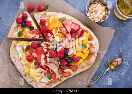 Grilled fruit pizza with honey Stock Photo