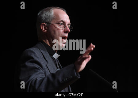 Archbishop of Canterbury the Most Rev Justin Welby addresses business and church leaders during the Good News for Birmingham prayer breakfast at the International Convention Centre in Birmingham. Stock Photo