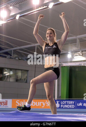 Sally Peake celebrates after winning gold in the Women's Pole Vault, during day one of the Sainsbury's British Indoor Championships at the English Institute of Sport, Sheffield. Stock Photo