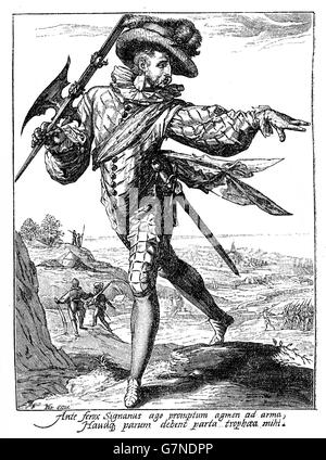 1600, illustration depicting a guard with spear and sword of Rudolf II of Habsburg, Holy Roman Emperor, King of Bohemia and Archduke of Austria Stock Photo