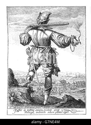 1600, illustration depicting a guard with helm, armor, spear, sword and archebus of Rudolf II of Habsburg, Holy Roman Emperor, King of Bohemia and Archduke of Austria Stock Photo