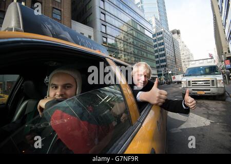 Mayor of London Boris Johnson takes a taxi in New York City on the third day of a 7-day trade visit to the United States taking in Boston, New York and Washington. Stock Photo