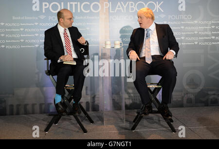 Mayor of London Boris Johnson (right) holds a discussion and Q&A with 'Politico' White House correspondent Mike Allen at the Newseum in Washington DC on the sixth day of his week long trade visit to the United States taking in Boston, New York and Washington. Stock Photo