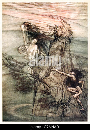 “Mock away! Mock! The Niblung makes for your toy!” from ‘The Rhinegold & the Valkyrie’ illustrated by Arthur Rackham (1867-1939), published in 1910. The Rhinemaidens tease Alberich whilst  the peak of the rock begins to glow, this is the Rhine Gold. Stock Photo