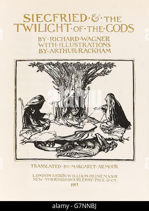 Title page from first edition of 'Siegfried & The Twilight of the Gods' illustrated by Arthur Rackham (1867-1939) published in 1911 showing the Three Norns spinning the threads of fate at the foot of Yggdrasil, the tree of the world. . Stock Photo