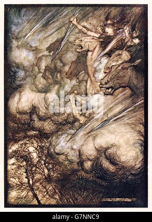 “The Ride of the Valkyries” from ‘The Rhinegold & the Valkyrie’ illustrated by Arthur Rackham (1867-1939), published in 1910. Stock Photo