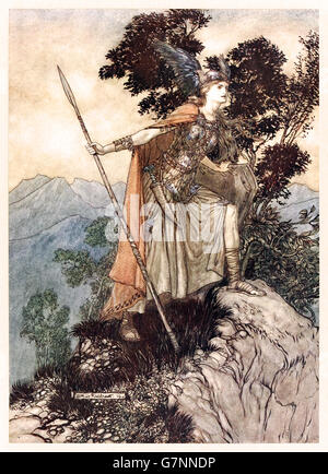 “Brunnhilde” from ‘The Rhinegold & the Valkyrie’ illustrated by Arthur Rackham (1867-1939), published in 1910. Brunnhilde looks down on Siegmund and Sieglinde in the valley below. Stock Photo