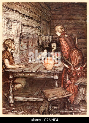 “Hundling discovers the likeness between Siegmund and Sieglinde”  from ‘The Rhinegold & the Valkyrie’ illustrated by Arthur Rackham (1867-1939), published in 1910. Hunding reluctantly offers Siegmund the hospitality demanded by custom and notes his resemblance to his wife late revealing he is one of his pursuers also and that they must battle in the morning. Stock Photo