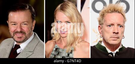 File photos of (from the left) Ricky Gervais, Naomi Watts and John Lydon. Stock Photo