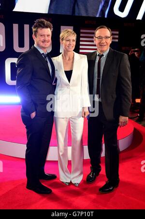 (Left - right) Beau Willimon, Robin Wright and Kevin Spacey attending the world premiere of House of Cards - Season 3 at the Empire Cinema, Leicester Square, London. Stock Photo